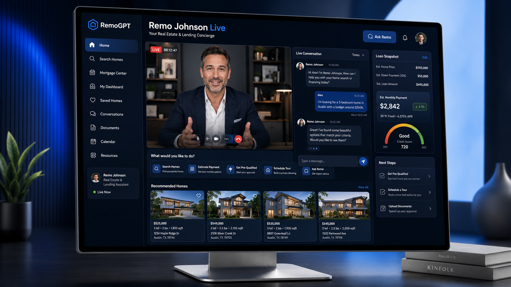 Remo Johnson Live AI real estate and mortgage concierge shown on a desktop dashboard