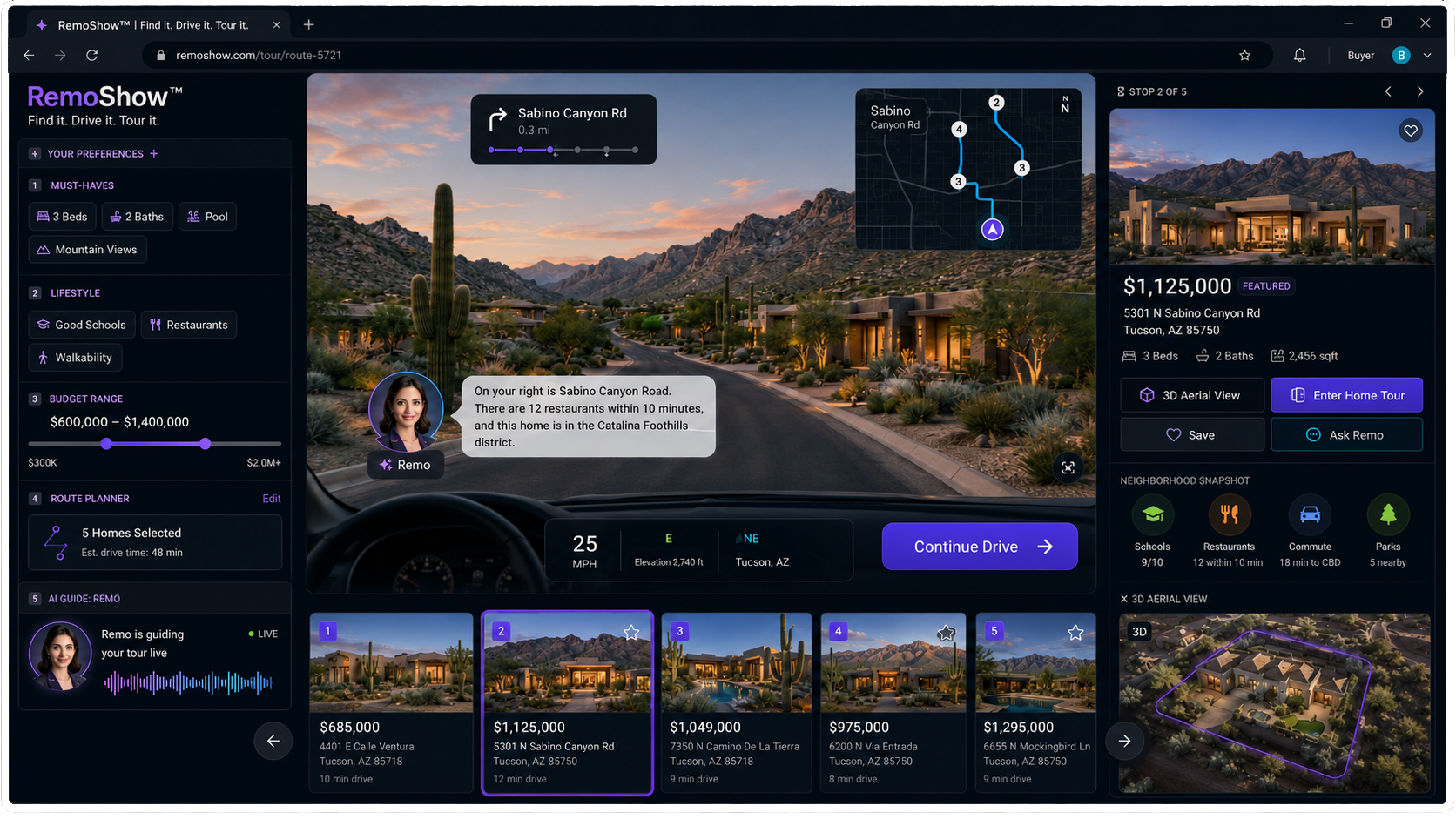 RemoShow interface with a home showing route, neighborhood drive, and property context