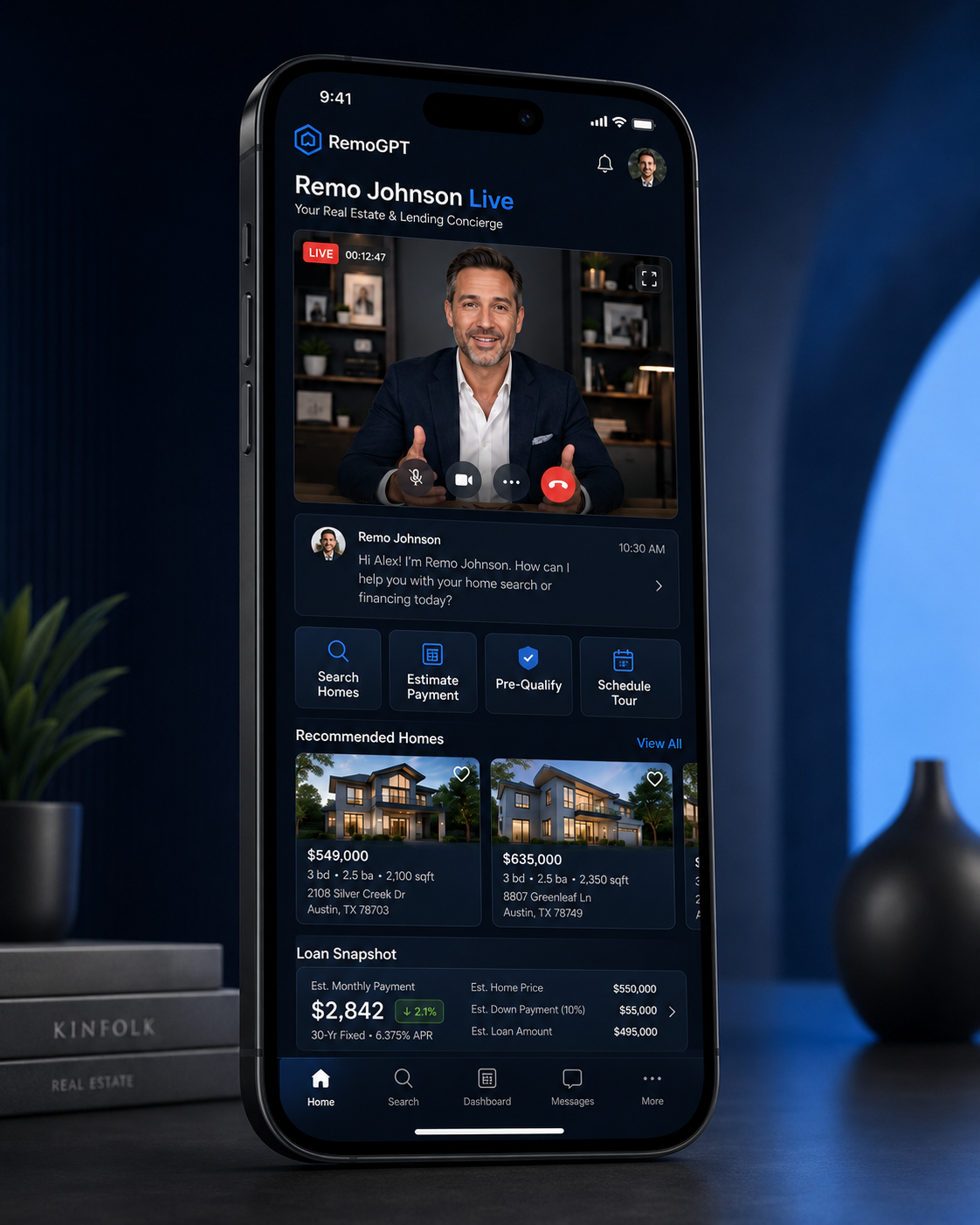 Remo Johnson Live mobile experience with video concierge, recommended homes, and loan snapshot